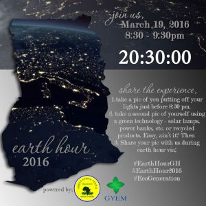Earth Hour 2016: 19/03, 20:30  - 21:30.
